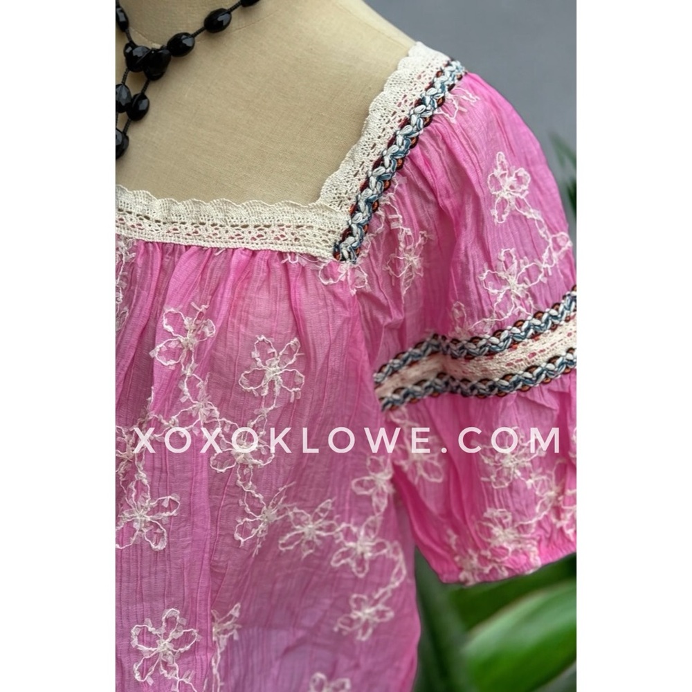 POL Pink Floral Embroidered Square Neck Half Sleeve Chiffon Top - Picture 10 of 11